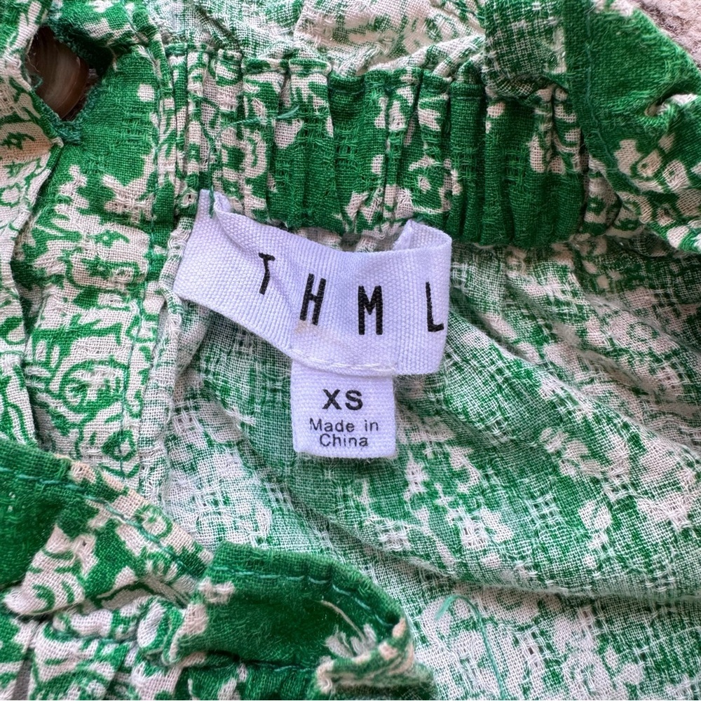 THML Women’s Anegada Embroidered Puff Short Sleeve Blouse Green Pink Size XS Top - Picture 3 of 8